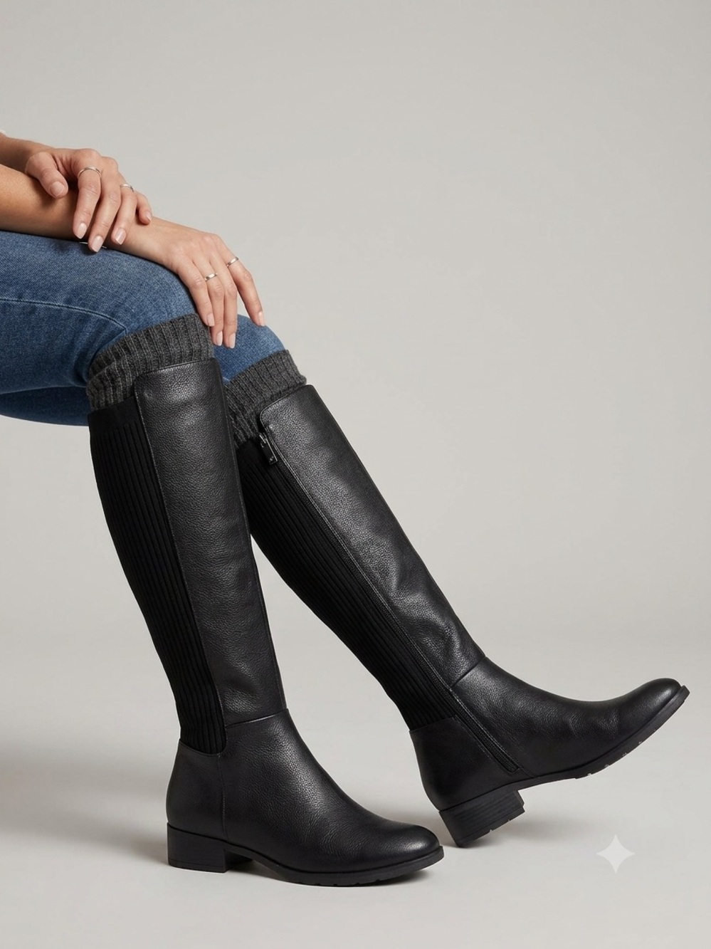 Kenneth Cole Black Leather Over-the-Knee Riding Boots with Knit Back